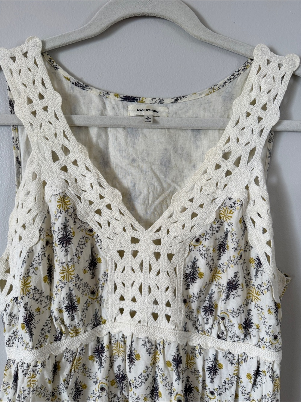 Max Studio Cream Yellow Crochet-Trim Maxi Dress Cottagecore Coastal Boho sz L - Picture 2 of 7